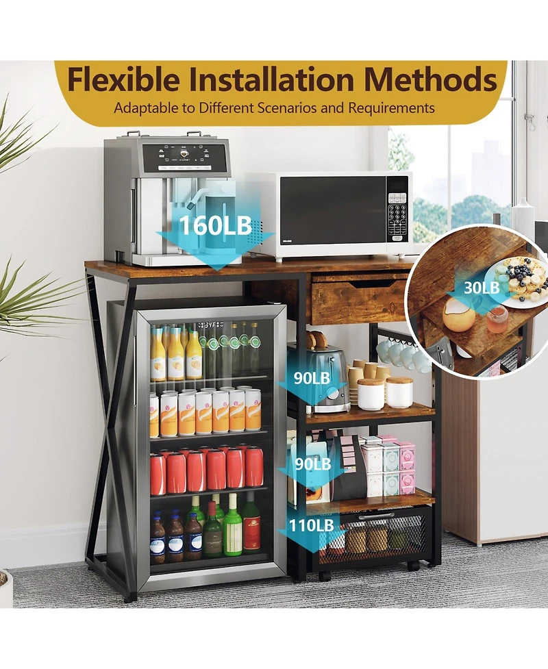 homfan 45-Inch Coffee Bar Cabinet with Mini Fridge Space Microwave Shelf Power Outlets Beverage Wine Storage Station Kitchen Pantry Organizer