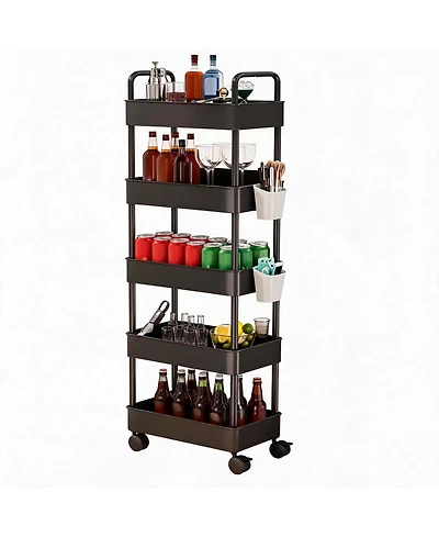 homfan 5 Tier Bar Cart, 16 Inch Slim Rolling Utility Shelf Cart with Side Baskets and Locking Wheels for Kitchen or Pantry
