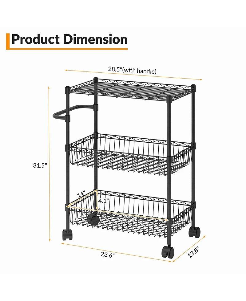 homfan 3 Tier Bar Cart, 28 Inch Heavy Duty Metal Storage Cart with Adjustable Shelves and Locking Wheels for Kitchen or Pantry