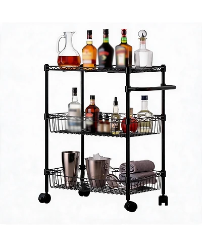 homfan 3 Tier Bar Cart, 28 Inch Heavy Duty Metal Storage Cart with Adjustable Shelves and Locking Wheels for Kitchen or Pantry
