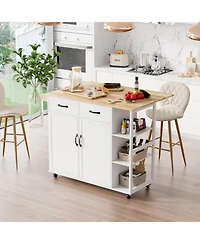 homfan Rolling Kitchen Island Cart, 43 Inch White Wood Bar Cart with Drop Leaf and Locking Wheels for Dining Room or Kitchen