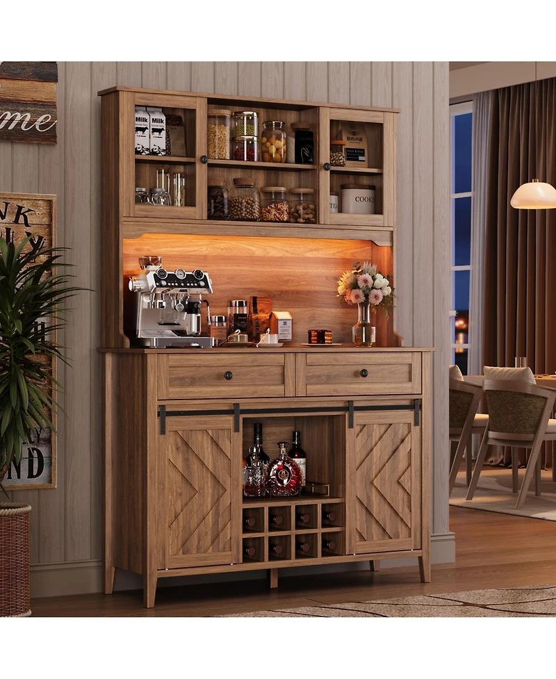 homfan 72" Farmhouse Bar Cabinet with Sliding Barn Doors, Hutch, 2 Drawers, 8 Shelves and Charging Station, Rustic Coffee for Dining Room