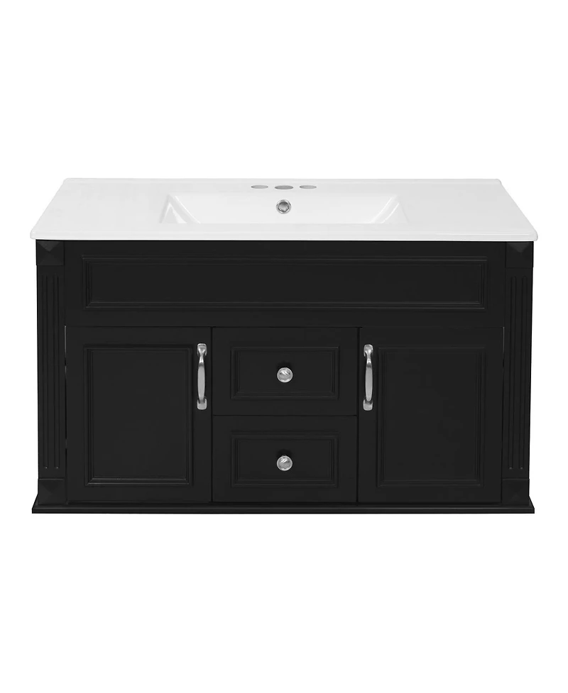 Sillysis 36 Inch Floating Bathroom Vanity with Ceramic Sink, Wall Mounted Modern Cabinet, Soft Close Drawers, French Vintage Style