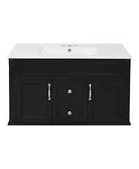 Sillysis 36 Inch Floating Bathroom Vanity with Ceramic Sink, Wall Mounted Modern Cabinet, Soft Close Drawers, French Vintage Style