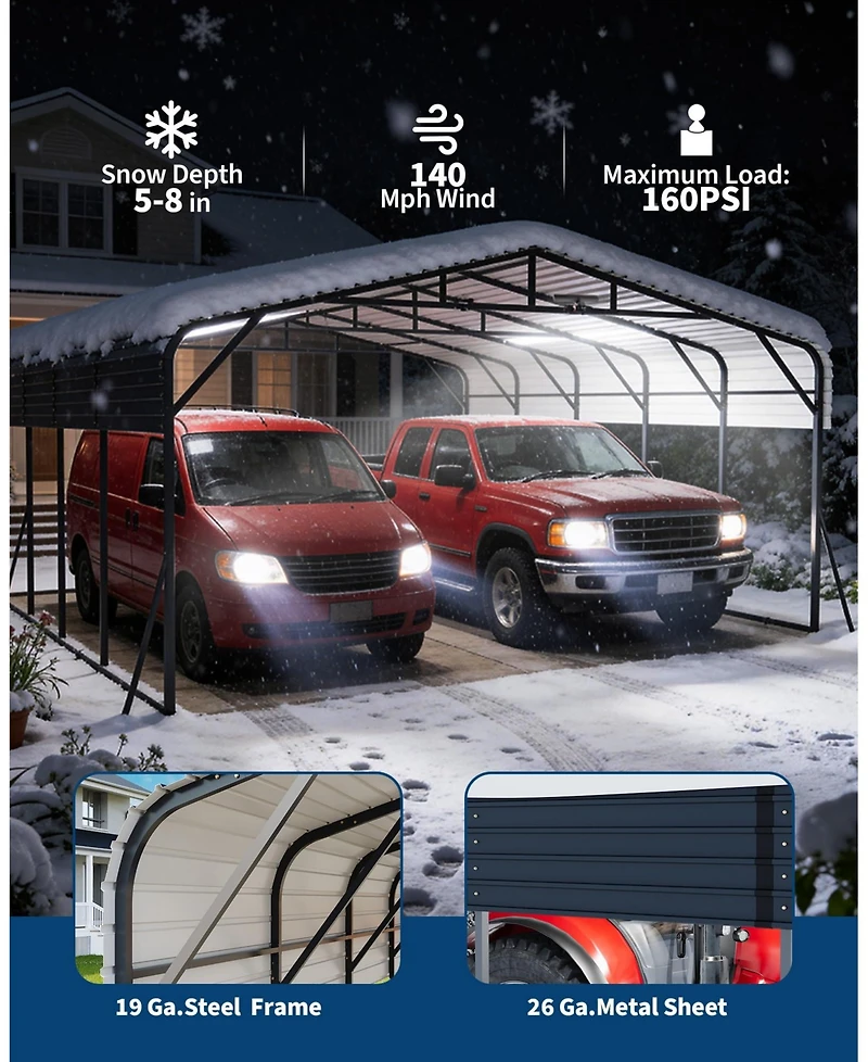 homfan Hardtop Steel Carport with Solar Light, Heavy Duty Metal Vehicle Shelter for Cars Trucks Boats Patio Driveway