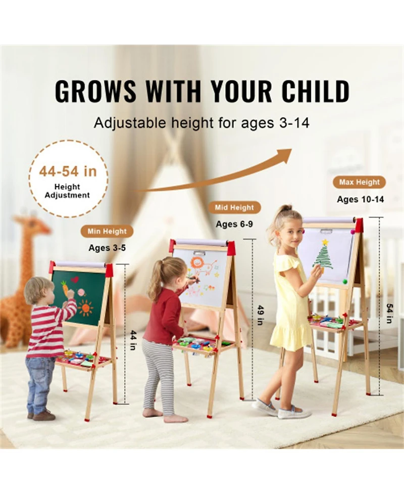 Yobtop 3-in-1 Kids Art Easel, Double-Sided Wooden Magnetic Whiteboard Chalkboard,Adjustable Height for 3-14