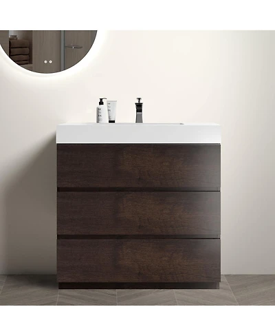 Sillysis Modern Bathroom Vanity with Stone Sink, Pre-assembled Soft Close 3 Drawers, Handle-Free Freestanding Storage Cabinet