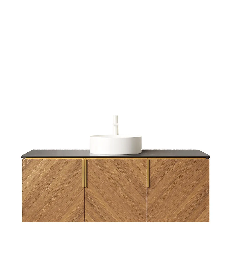 Sillysis Floating Bathroom Vanity Cabinet with Ceramic Vessel Sink, Sintered Stone Countertop, Large Storage