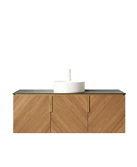 Sillysis Floating Bathroom Vanity Cabinet with Ceramic Vessel Sink, Sintered Stone Countertop, Large Storage
