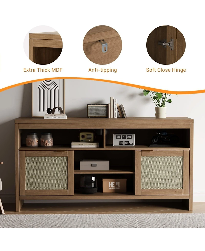 homfan 2 Pieces Boho Tv Stand for 65 in, 58inch Rattan Entertainment Center with Storage, Adjustable Shelves and Doors for Living Room