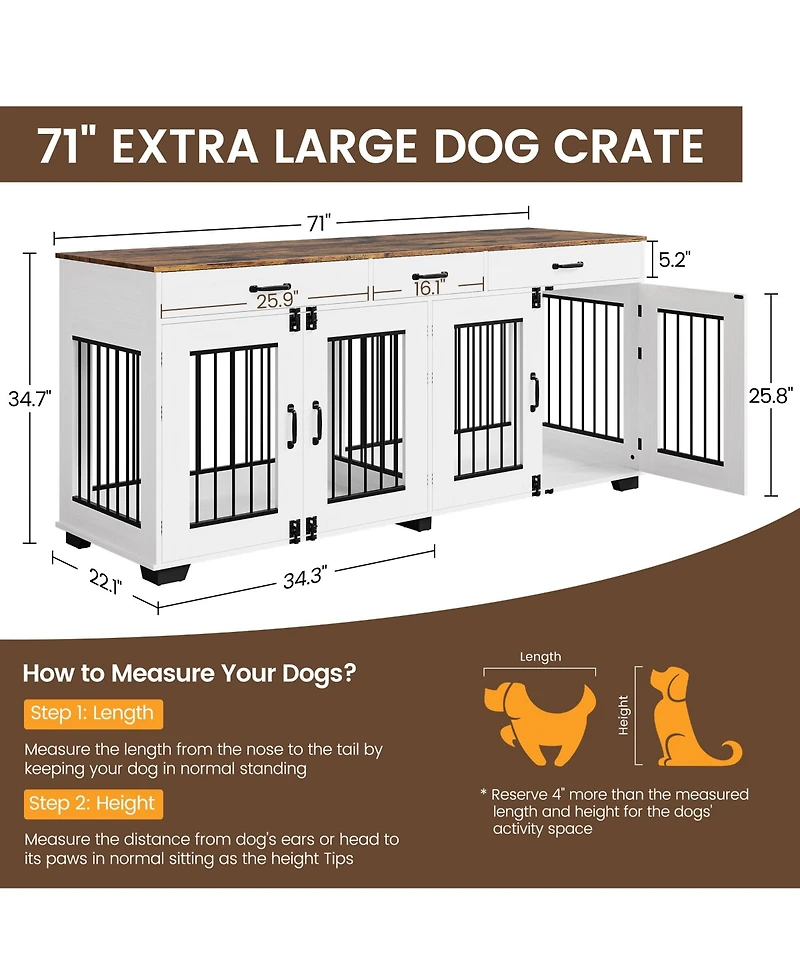 homfan 71-Inch Dog Crate Tv Stand with 3 Drawers, Large Media Console Kennel with Divider for 2 Dogs, Indoor Wooden Tv Stand