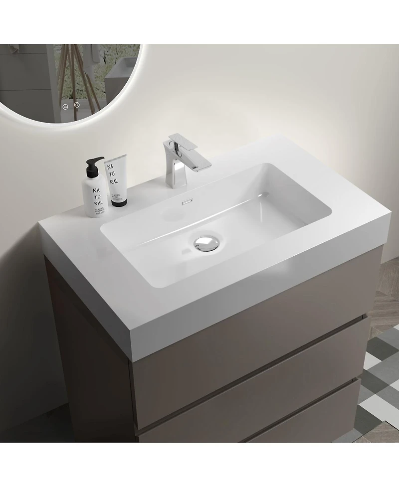 Sillysis Modern Freestanding Bathroom Vanity with Stone Sink, Soft Close Drawers, Handle-Free Storage Cabinet