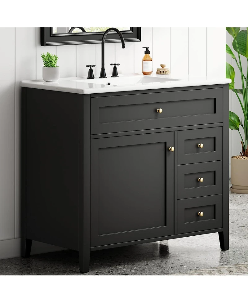 Sillysis 36 Inch Modern Bathroom Vanity with Ceramic Sink, Storage Cabinet, Solid Wood Legs and Adjustable Shelves