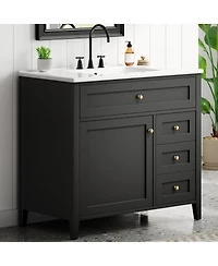 Sillysis 36 Inch Modern Bathroom Vanity with Ceramic Sink, Storage Cabinet, Solid Wood Legs and Adjustable Shelves