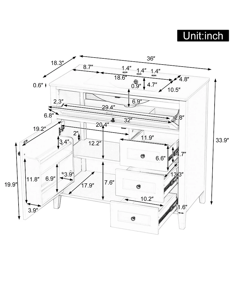 Sillysis 36 Inch Modern Bathroom Vanity with Ceramic Sink, Storage Cabinet, Solid Wood Legs and Adjustable Shelves