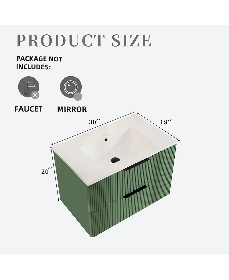 Sillysis 30" Wall Mounted Bathroom Vanity with Ribbed Drawers, U-Shaped Organizer, Waterproof Mdf Cabinet for Small Spaces