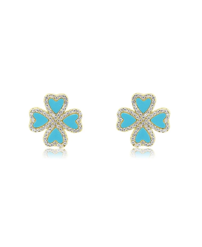 The Lovery Turquoise Cz Lucky Clover Stud Earrings 14K Gold-Plated Sterling Silver