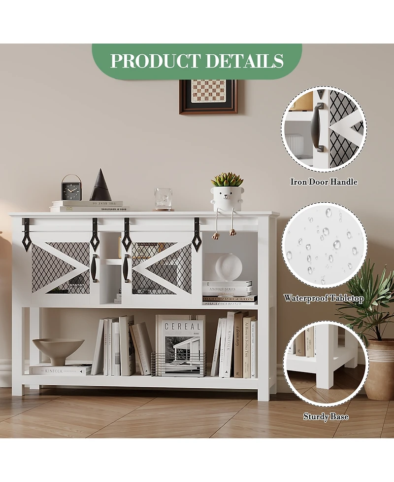 homfan Farmhouse Entryway Console Sofa Table – 46inch Narrow Accent Table with Sliding Barn Doors and Storage Shelves – Ideal for Foyer