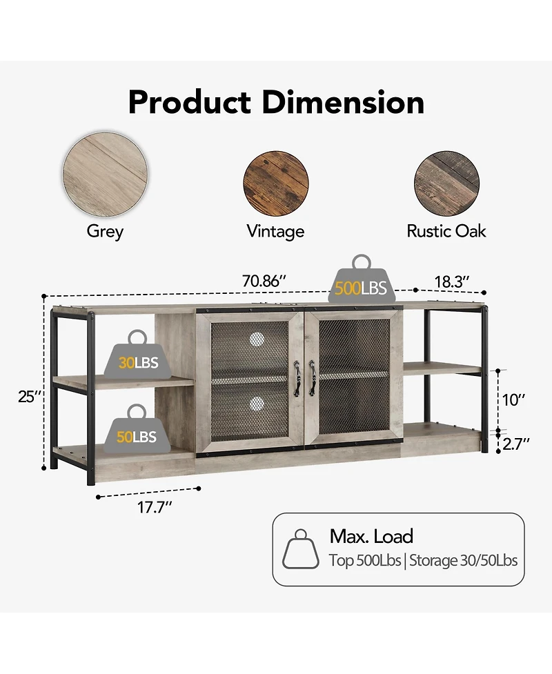 homfan Industrial Farmhouse Tv Stand for 65 Inch Tv, Deep Media Console with Mesh Doors and Shelves, Metal Frame Entertainment