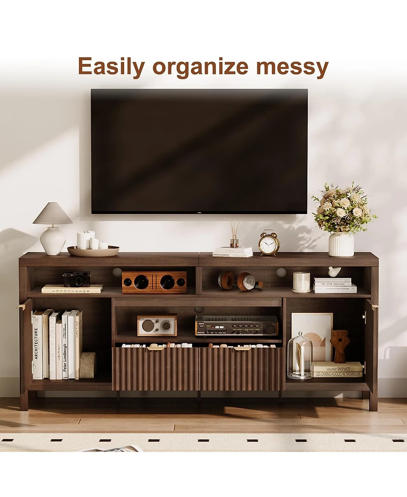 homfan Fluted Tv Stand for 65/75 inches TVs, Mid Century Modern Tv Stand with 2 Cabinet Storage, Tv Console for Living Room, Bedroom