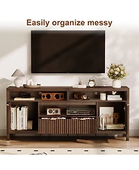 homfan Fluted Tv Stand for 65/75 inches TVs, Mid Century Modern Tv Stand with 2 Cabinet Storage, Tv Console for Living Room, Bedroom