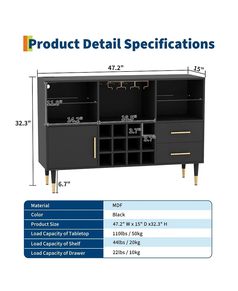 homfan 47" Coffee Bar Cabinet Charging Station and Rgb Led Light, Wood Liquor Storage for Dining Room or Living Room