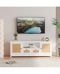 homfan Modern Rattan Entertainment Console, Engineered Wood Tv Stand with Metal Handles, Multi-Functional Storage Media Cabinet