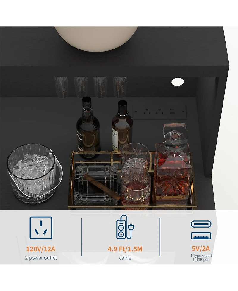 homfan Bar Cabinet with Led Lights, Glass Holder and Power Outlet, Coffee Bar with Drawer Storage for Home and Kitchen