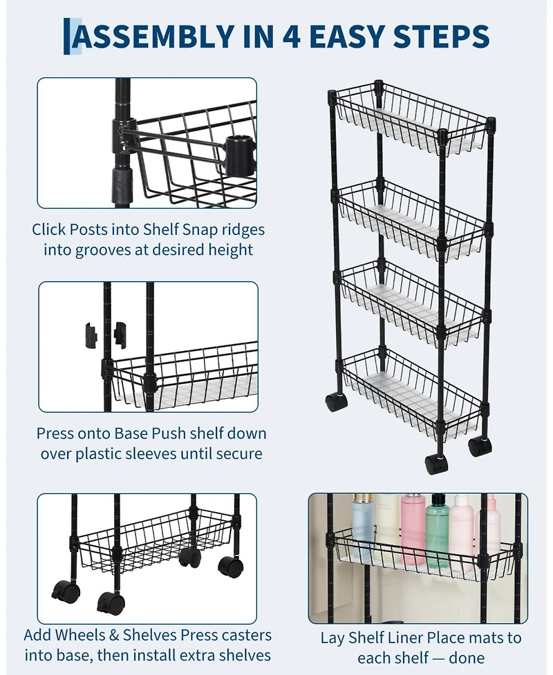 homfan 4 Tier Bar Cart, 32 Inch Tall Slim Metal Rolling Storage Cart with Adjustable Shelves and Wheels for Kitchen or Pantry