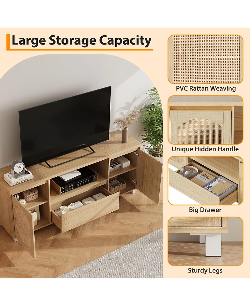 homfan 63in Tv Stand for Tvs Up to 70", Fluted Entertainment Center with Storage Drawer and Open Shelves, Modern TV Console Media Cabinet