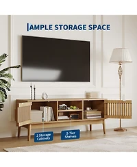 homfan Boho Tv Stand for Living Room, Modern Entertainment Center for TVs Up to 50 Inch, Television Console with Fluted Door Storage Cabinet
