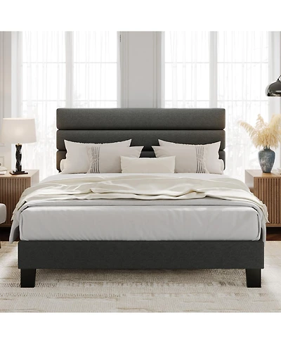 homfan Queen Size Modern Platform Bed Frame, Adjustable Linen Headboard, Heavy Duty Wooden Slats, No Box Spring Needed, Easy Assembly, Noise-Free