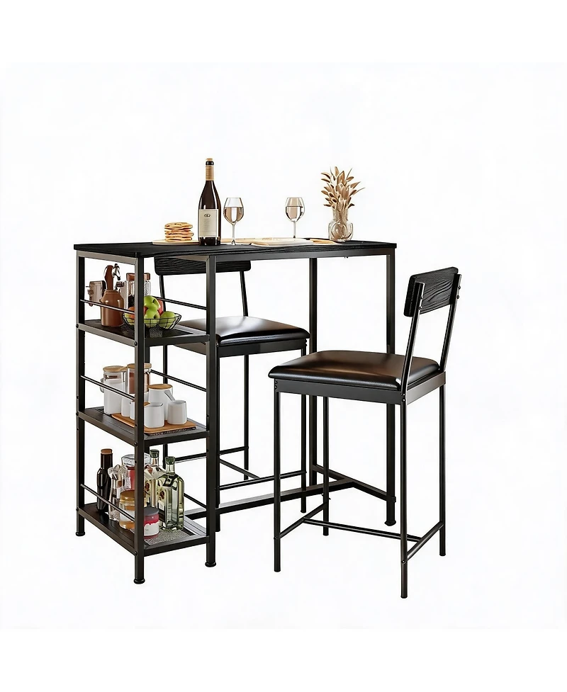 homfan 3-Piece Industrial Style Counter Height Dining Set for 2, Narrow Kitchen Table with 2 Upholstered Stools and 3-Tier Storage