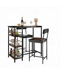 homfan 3-Piece Industrial Style Counter Height Dining Set for 2, Narrow Kitchen Table with 2 Upholstered Stools and 3-Tier Storage