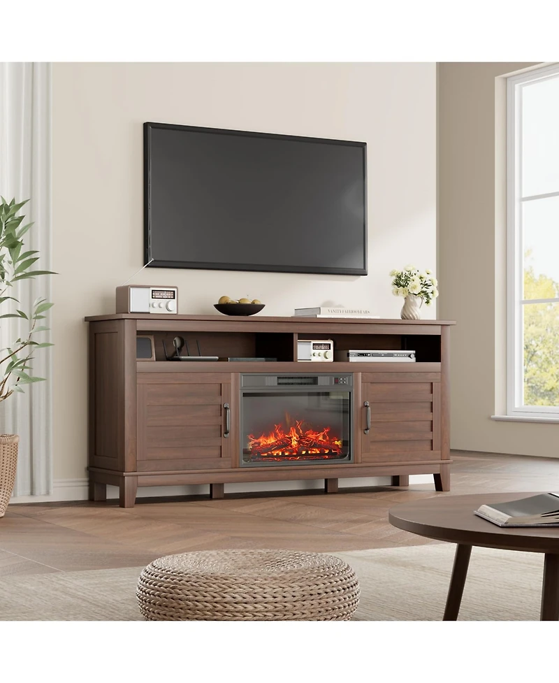 homfan Farmhouse Fireplace Tv Stand, 63" Electric Entertainment Center with Cabinet Doors, Ample Storage, Ideal for Living Room