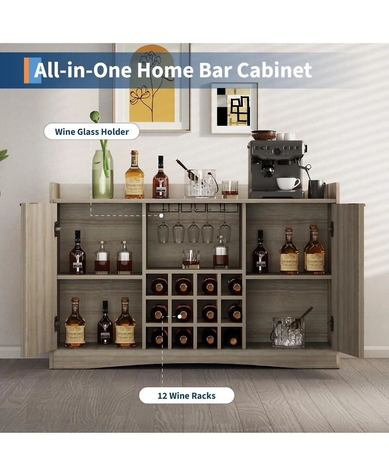 homfan 47" Engineered Wood Wine Bar Cabinet with Glass Holder and 12-Bottle Rack, Fluted Panel Liquor and Coffee Bar Cabinet with Storage
