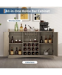 homfan 47" Engineered Wood Wine Bar Cabinet with Glass Holder and 12-Bottle Rack, Fluted Panel Liquor and Coffee Bar Cabinet with Storage