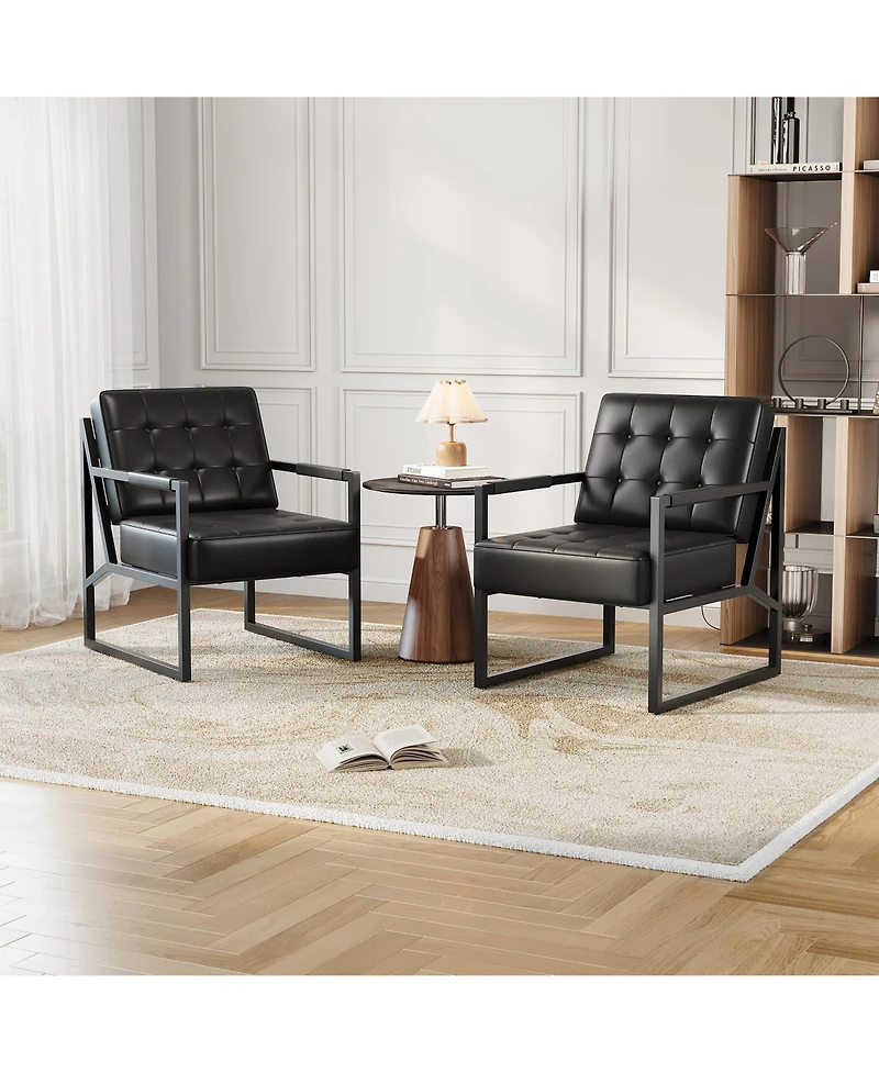 homfan Set of 2 Mid-Century Modern Accent Chair, Pu Leather Armchair with Thick Cushion, Metal Frame, for Living Room, Bedroom, Office, Reception