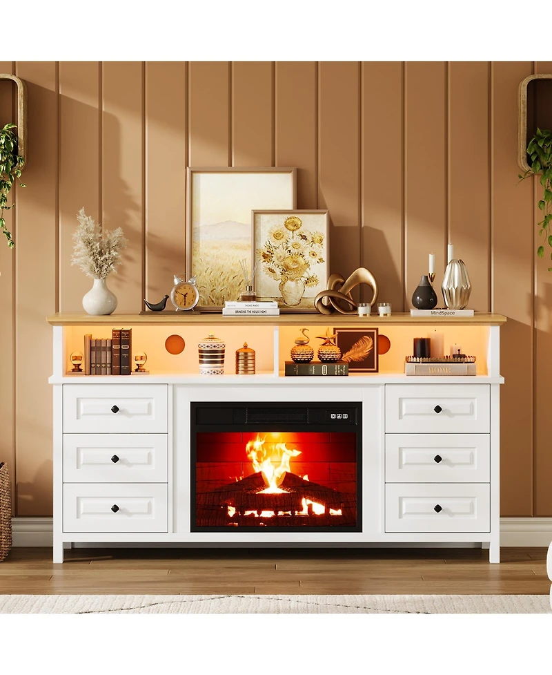 homfan 60"Fireplace Stand for TVs Up to 65", Fireplace with Led Lights, 3D Flame and Heating, Farmhouse Console with Drawers