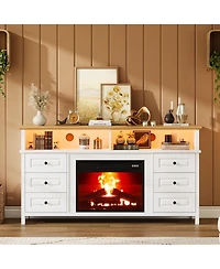homfan 60"Fireplace Stand for TVs Up to 65", Fireplace with Led Lights, 3D Flame and Heating, Farmhouse Console with Drawers