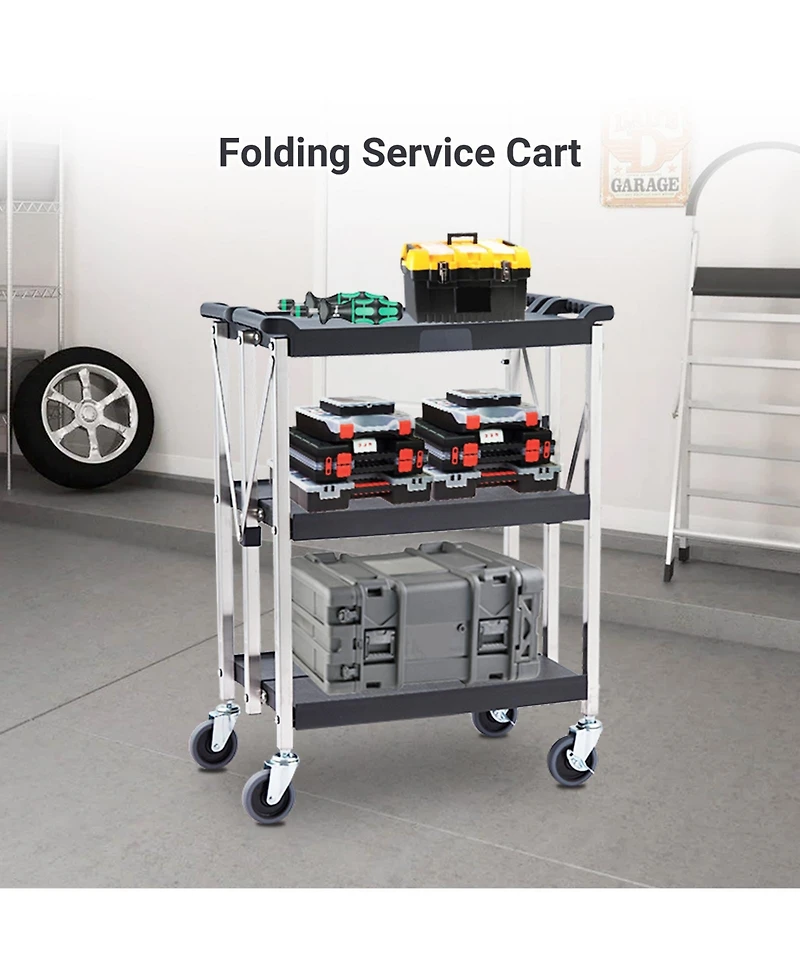 homfan 3 Tier Bar Cart, 26Inch Collapsible Rolling Service Cart with Locking Wheels for Kitchen or Pantry