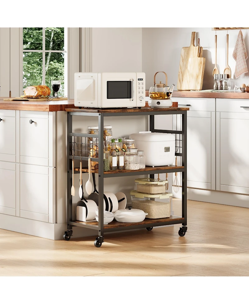 homfan 3 Tier Bar Cart, 32 Inch Brown Rolling Kitchen Island Cart with Locking Wheels and Hooks for Kitchen or Pantry