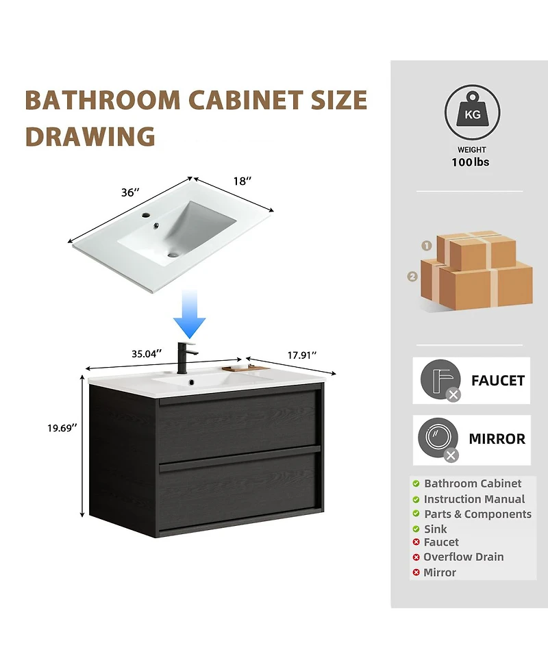 Sillysis Wall Mounted Bathroom Vanity with Ceramic Sink, Soft Close Drawers, Floating Black Cabinet