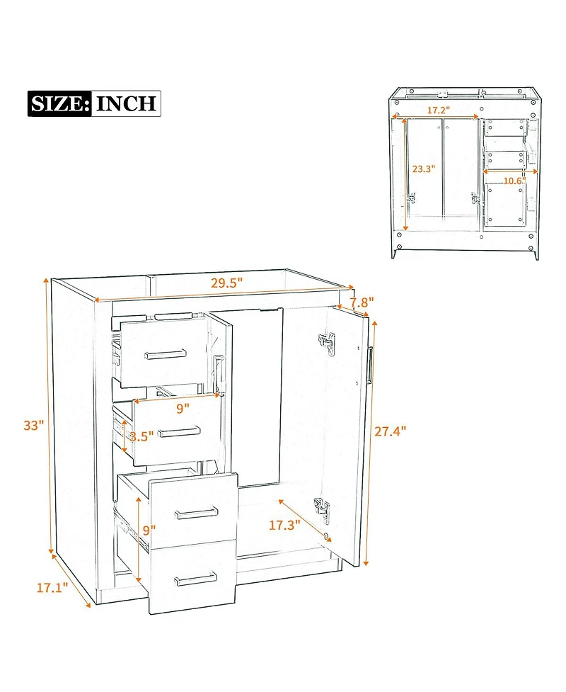 Sillysis Modern Freestanding Bathroom Vanity without Top, Solid Wood Frame, 3 Drawers Storage, Soft Close Doors