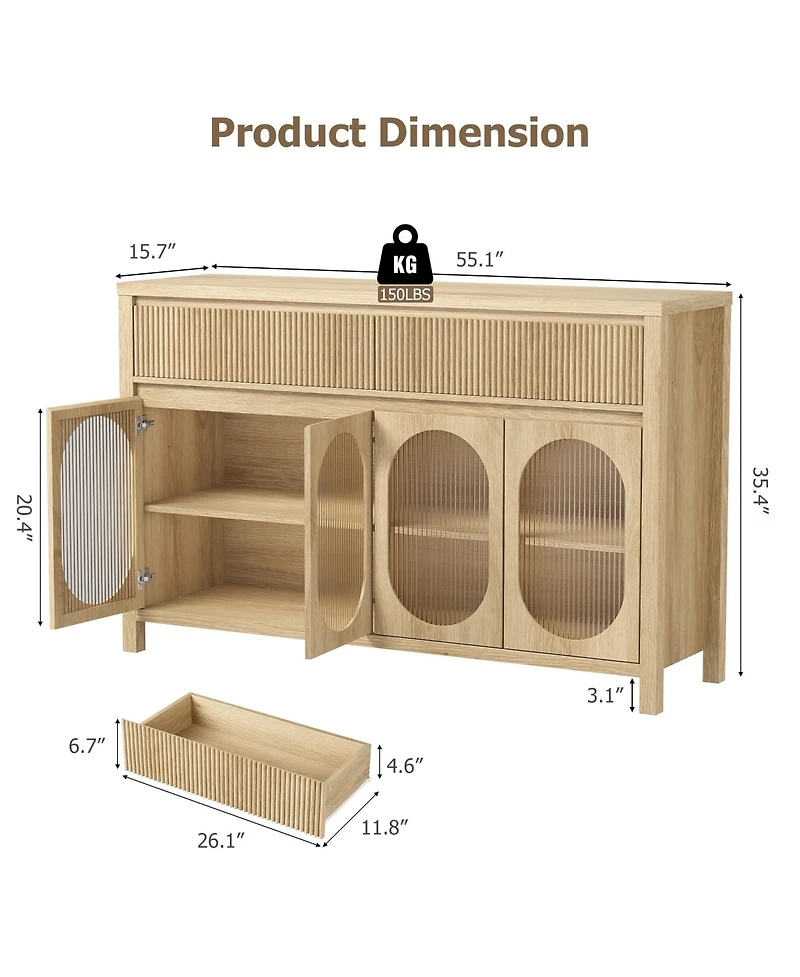 homfan 55 Inch Fluted Sideboard Buffet with 2 Drawers and 4 Glass Doors, Multi-Purpose Coffee Bar Storage Cabinet for Dining, Living Room and Kitchen