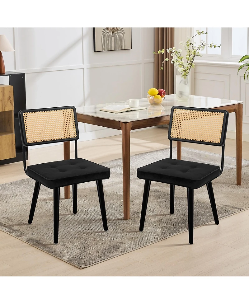homfan Set of 2 Mid-Century Modern Dining Chairs - Rattan Tall Cane Back, Upholstered Seat, Solidly Wood and Metal Frame Comfortable, Durable