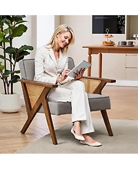 homfan Mid-Century Modern Accent Chair, Linen Upholstered Armchair with Rubberwood Frame and Soft Cushion, Lounge Chair for Living Room, Bedroom