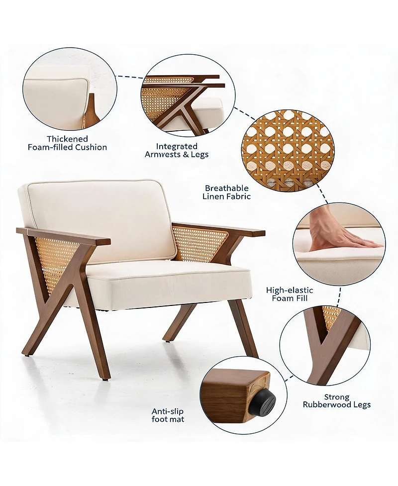 homfan Mid-Century Modern Accent Chair, Linen Upholstered Armchair with Rubberwood Frame and Soft Cushion, Lounge Chair for Living Room, Bedroom