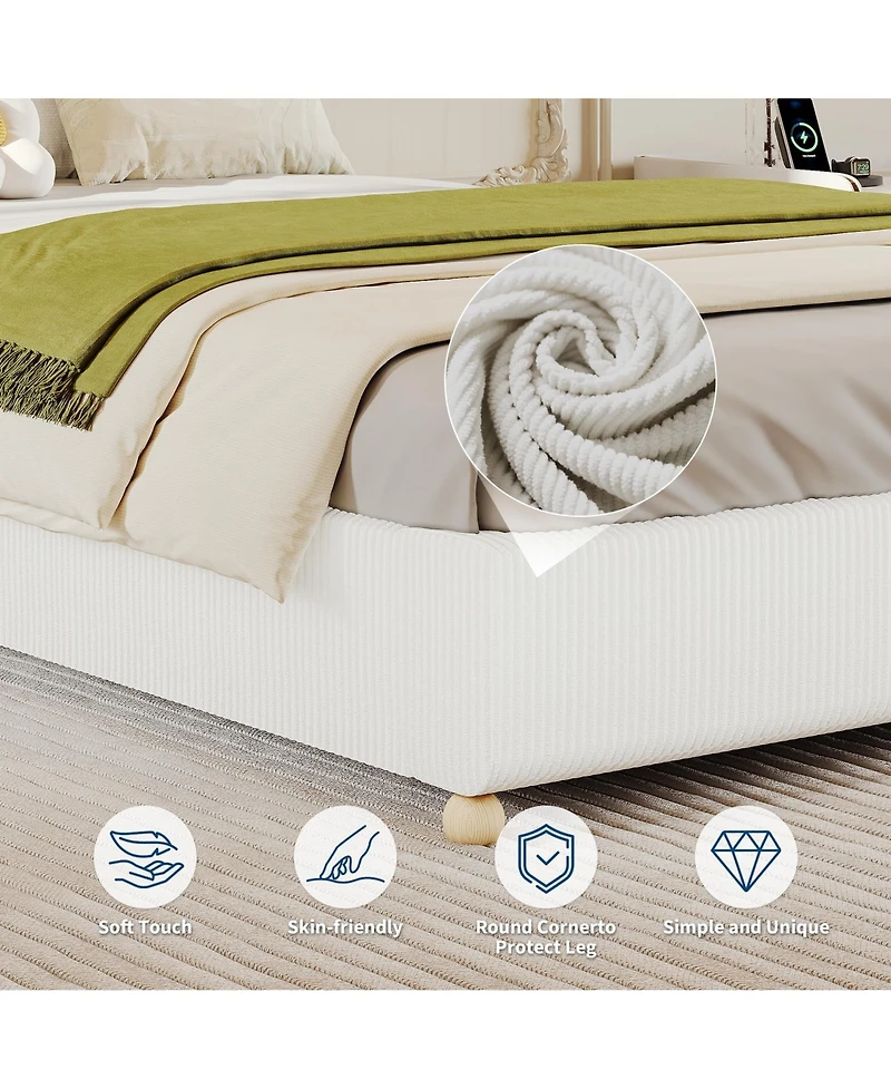 homfan King Size Cloud Bed Frame, Corduroy Bed Frame Without Headboard, Thick Fabric Upholstered Platform Bed, No Box Spring Needed, Easy Assembly