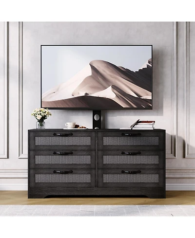 homfan Modern Design Tv Stand with Mount, 6-Drawer Rattan Dresser for 32-85" TVs, Spacious Storage, Media Console Table Living Room